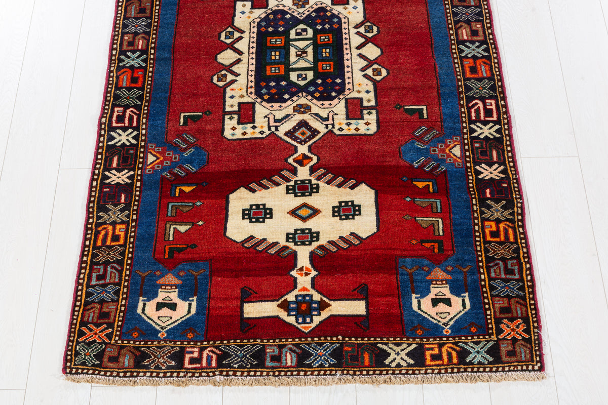 Vintage Red and Blue Tribal Stepped Medallion Hand-Knotted Area Rug – 6' 8" x 3' 6" (204 x 106 cm)