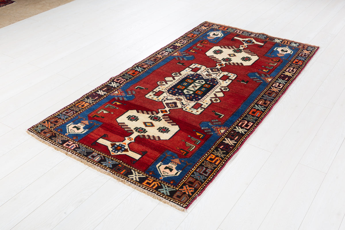 Vintage Red and Blue Tribal Stepped Medallion Hand-Knotted Area Rug – 6' 8" x 3' 6" (204 x 106 cm)