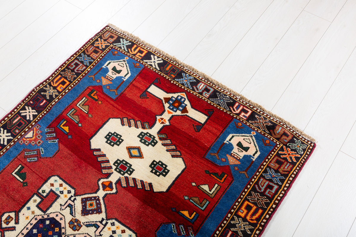 Vintage Red and Blue Tribal Stepped Medallion Hand-Knotted Area Rug – 6' 8" x 3' 6" (204 x 106 cm)