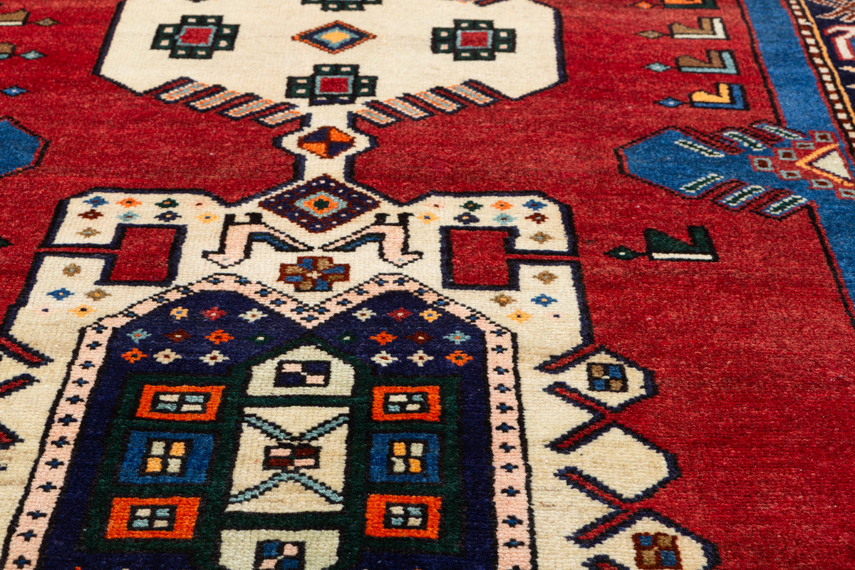 Vintage Red and Blue Tribal Stepped Medallion Hand-Knotted Area Rug – 6' 8" x 3' 6" (204 x 106 cm)