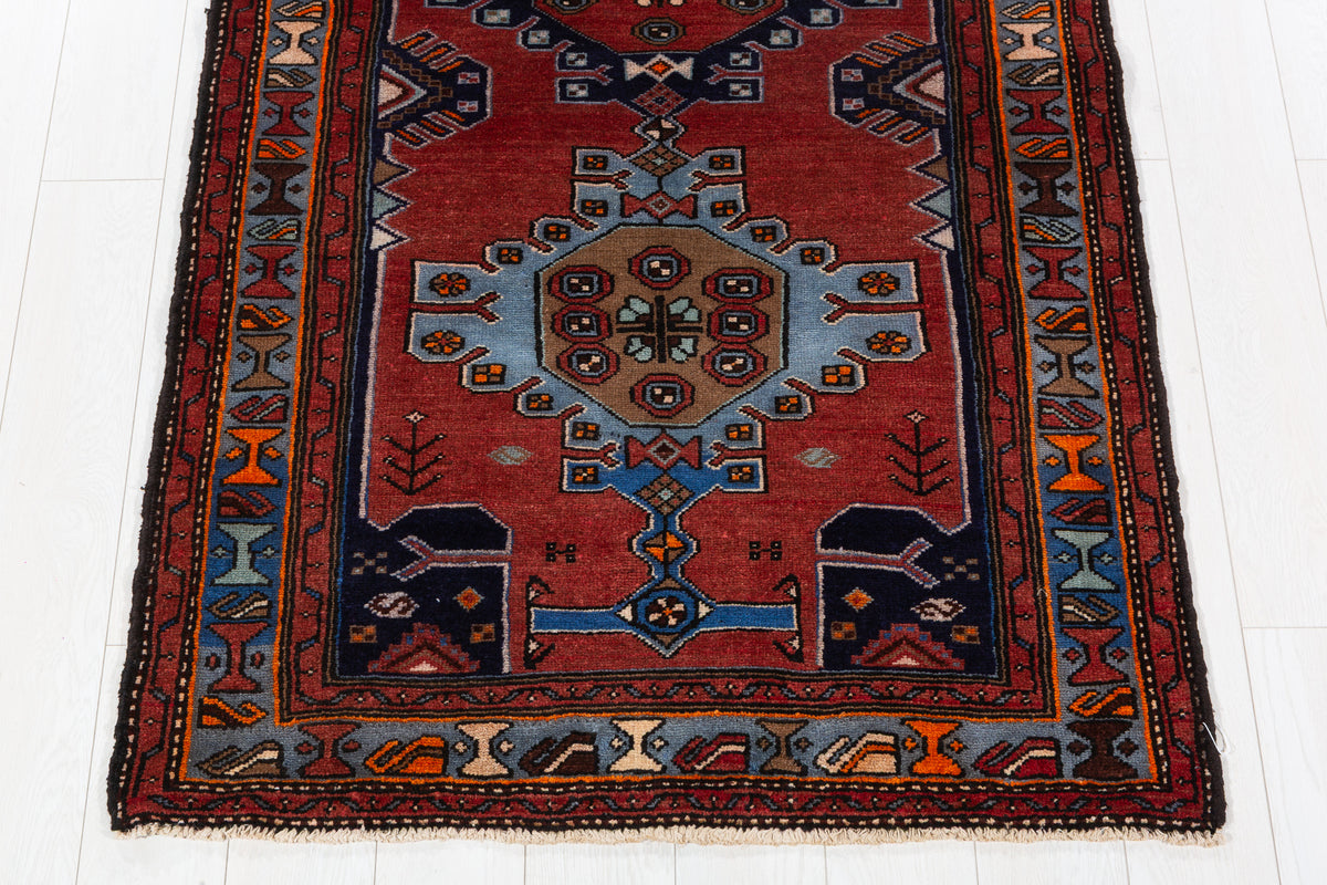 Vintage Red and Blue Linked Medallions Hand-Knotted Area Rug – 7' 3" x 3' 7" (221 x 109 cm)