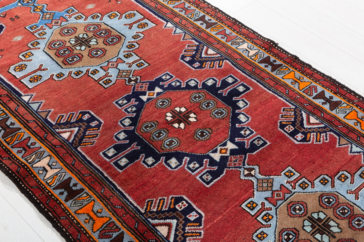 Vintage Red and Blue Linked Medallions Hand-Knotted Area Rug – 7' 3" x 3' 7" (221 x 109 cm)