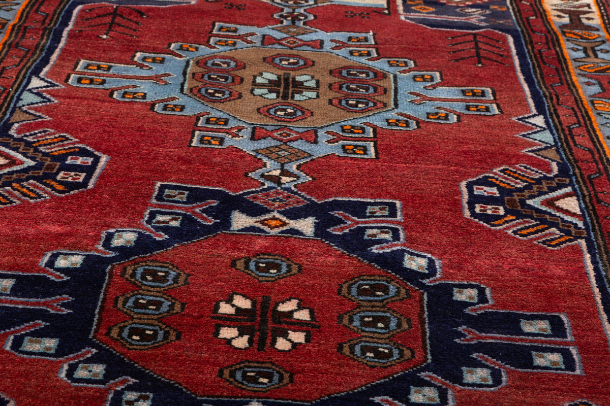 Vintage Red and Blue Linked Medallions Hand-Knotted Area Rug – 7' 3" x 3' 7" (221 x 109 cm)