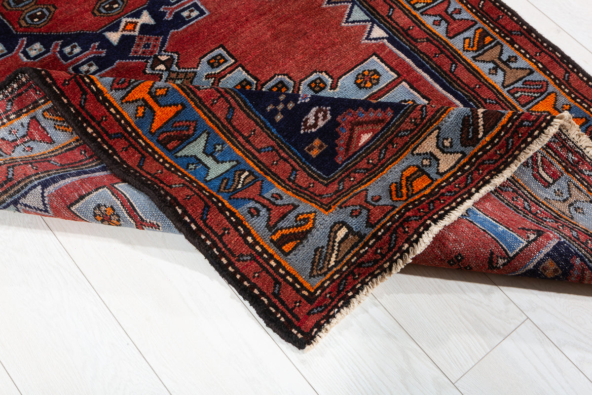 Vintage Red and Blue Linked Medallions Hand-Knotted Area Rug – 7' 3" x 3' 7" (221 x 109 cm)