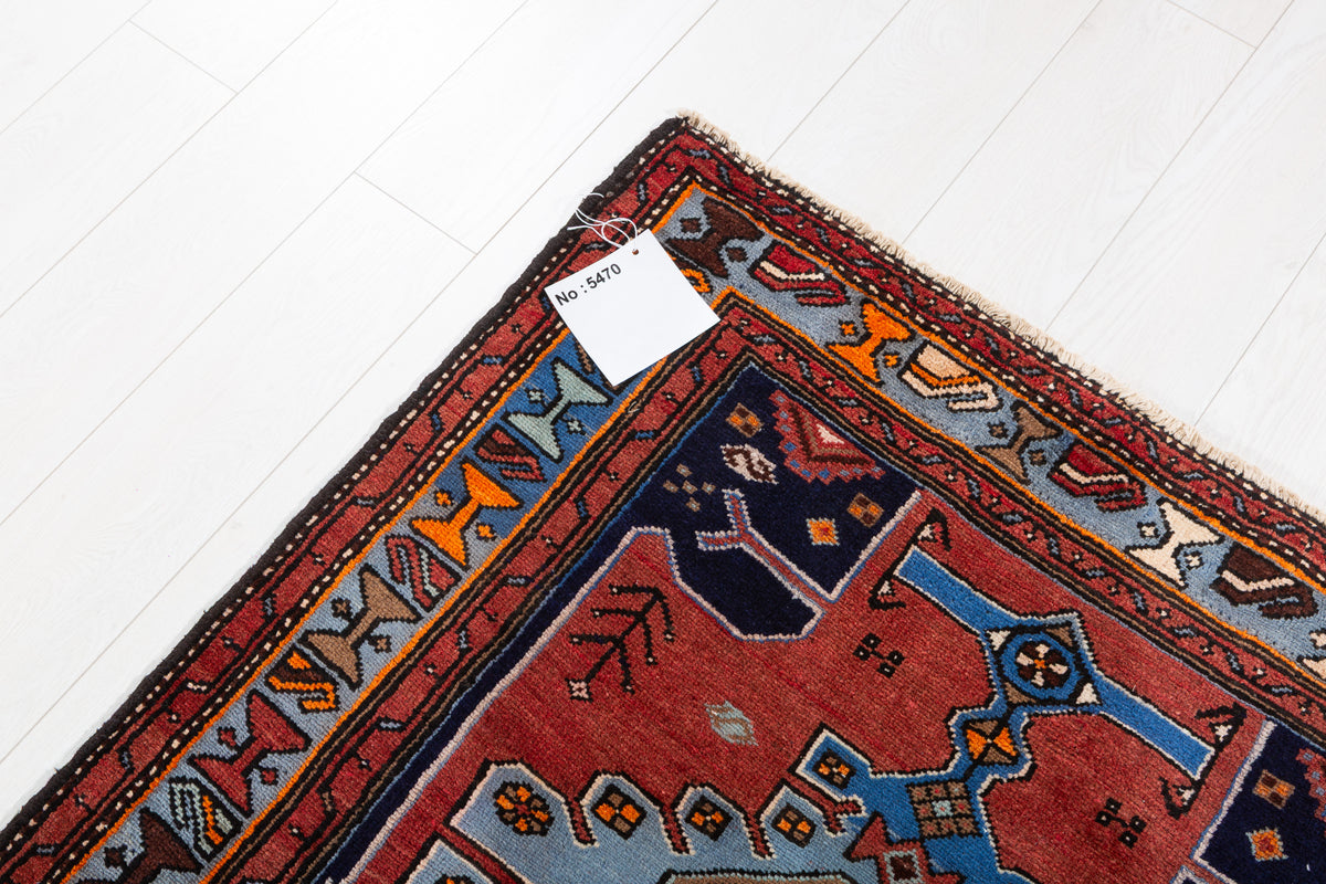 Vintage Red and Blue Linked Medallions Hand-Knotted Area Rug – 7' 3" x 3' 7" (221 x 109 cm)
