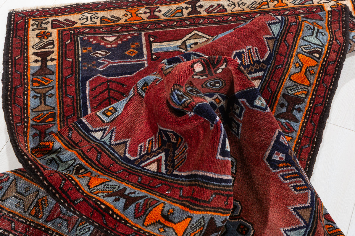 Vintage Red and Blue Linked Medallions Hand-Knotted Area Rug – 7' 3" x 3' 7" (221 x 109 cm)