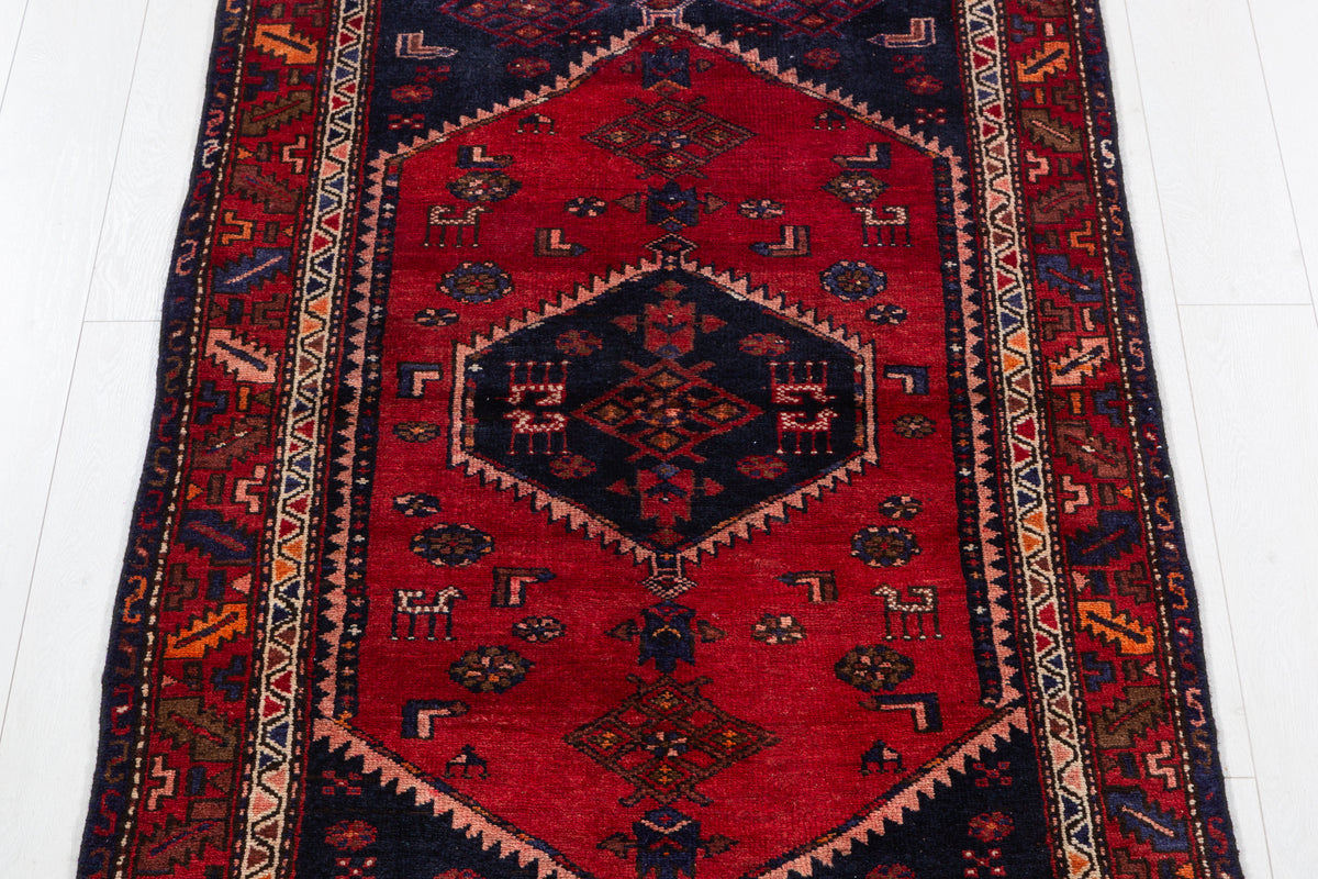 Vintage Red and Deep Navy Blue Central Geometric Medallion Hand-Knotted Area Rug – 6' 1" x 3' 5" (185 x 104 cm)