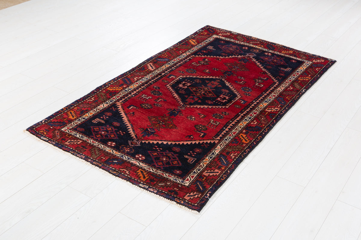 Vintage Red and Deep Navy Blue Central Geometric Medallion Hand-Knotted Area Rug – 6' 1" x 3' 5" (185 x 104 cm)