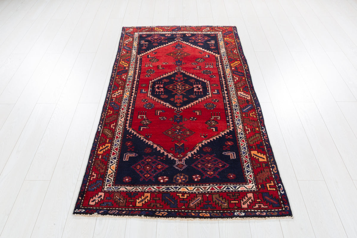 Vintage Red and Deep Navy Blue Central Geometric Medallion Hand-Knotted Area Rug – 6' 1" x 3' 5" (185 x 104 cm)