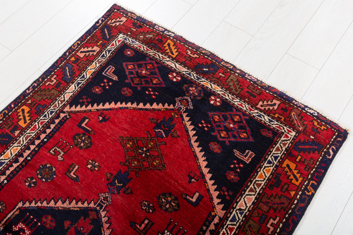 Vintage Red and Deep Navy Blue Central Geometric Medallion Hand-Knotted Area Rug – 6' 1" x 3' 5" (185 x 104 cm)
