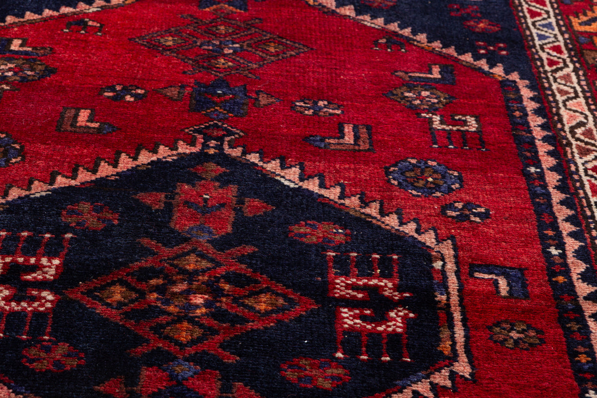Vintage Red and Deep Navy Blue Central Geometric Medallion Hand-Knotted Area Rug – 6' 1" x 3' 5" (185 x 104 cm)