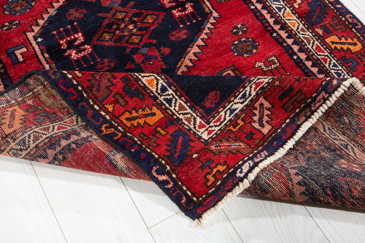 Vintage Red and Deep Navy Blue Central Geometric Medallion Hand-Knotted Area Rug – 6' 1" x 3' 5" (185 x 104 cm)