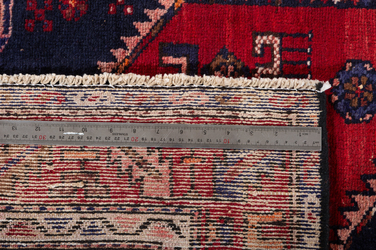 Vintage Red and Deep Navy Blue Central Geometric Medallion Hand-Knotted Area Rug – 6' 1" x 3' 5" (185 x 104 cm)