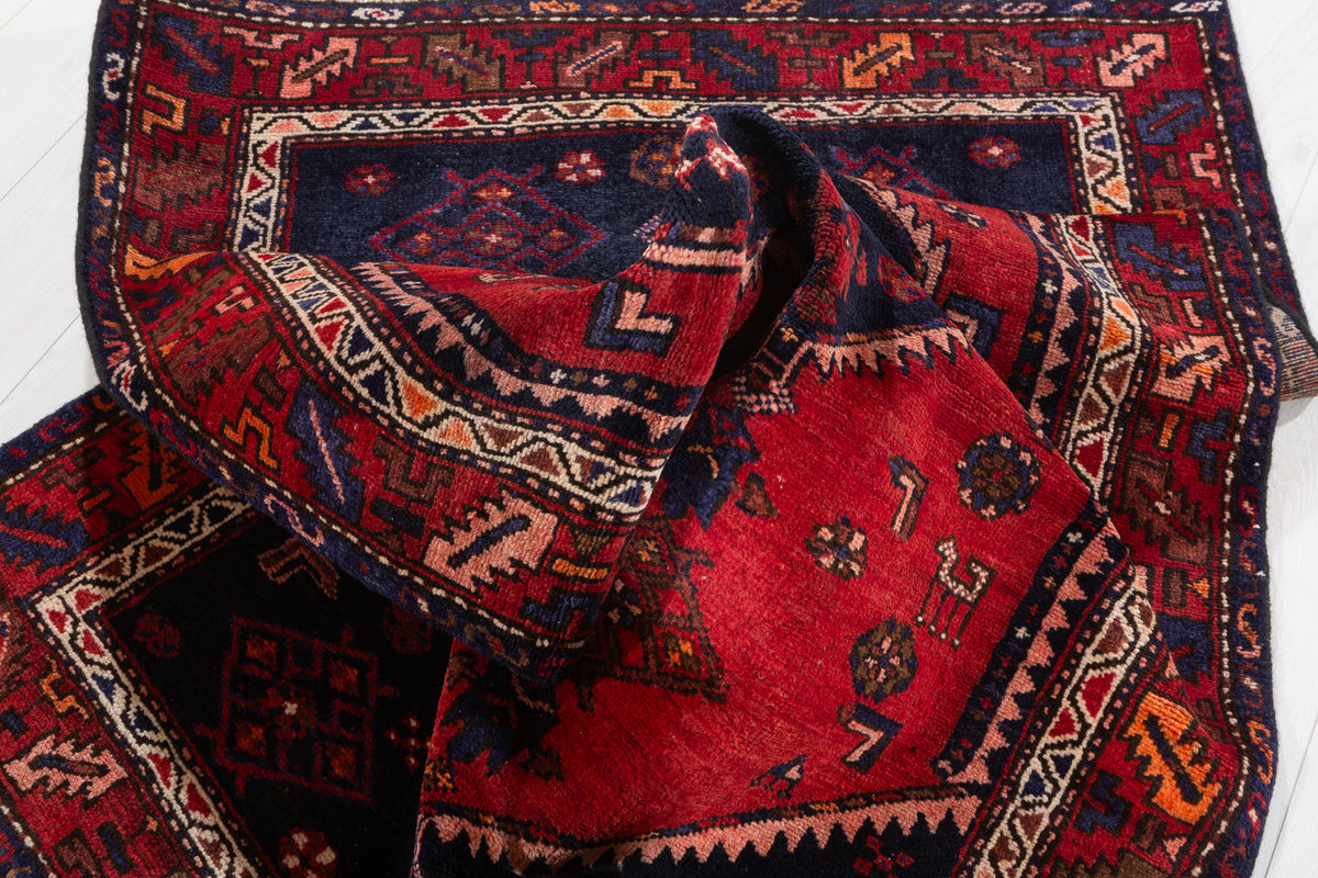 Vintage Red and Deep Navy Blue Central Geometric Medallion Hand-Knotted Area Rug – 6' 1" x 3' 5" (185 x 104 cm)