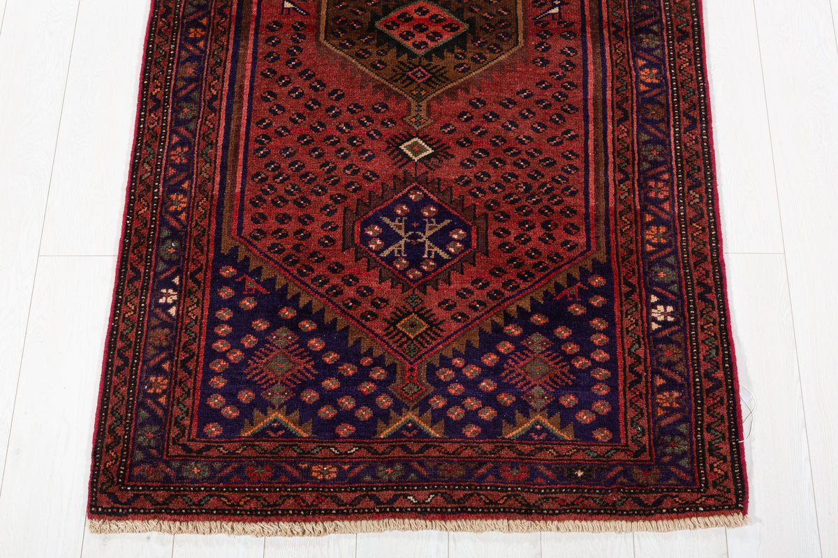 Vintage Rust Red and Navy Blue Allover Small Diamond Field Hand-Knotted Area Rug – 6' 4" x 3' 6" (194 x 106 cm)
