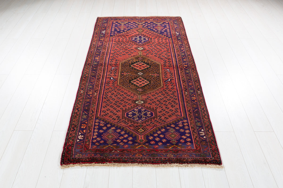 Vintage Rust Red and Navy Blue Allover Small Diamond Field Hand-Knotted Area Rug – 6' 4" x 3' 6" (194 x 106 cm)