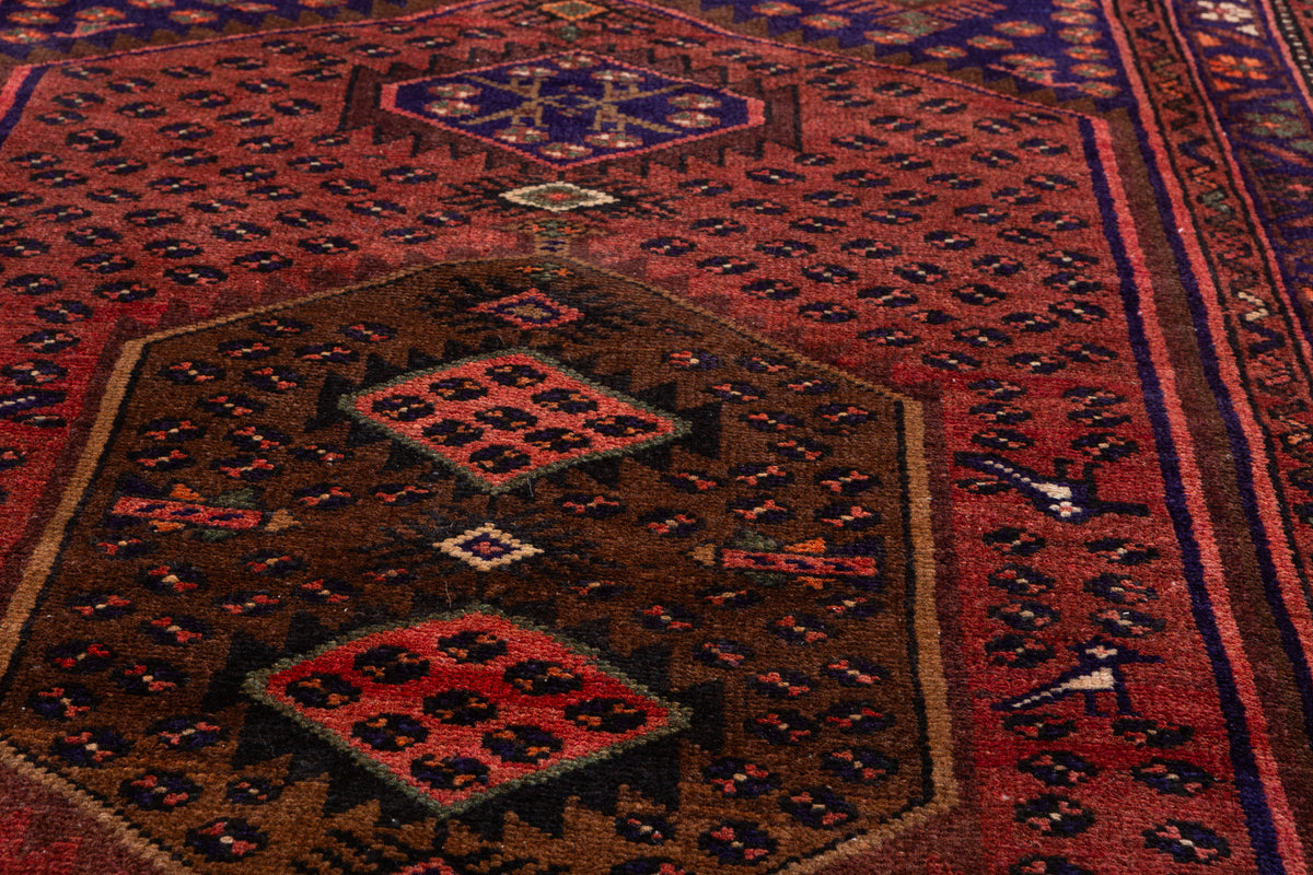 Vintage Rust Red and Navy Blue Allover Small Diamond Field Hand-Knotted Area Rug – 6' 4" x 3' 6" (194 x 106 cm)