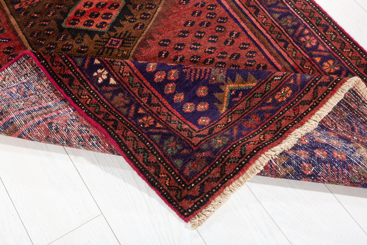 Vintage Rust Red and Navy Blue Allover Small Diamond Field Hand-Knotted Area Rug – 6' 4" x 3' 6" (194 x 106 cm)