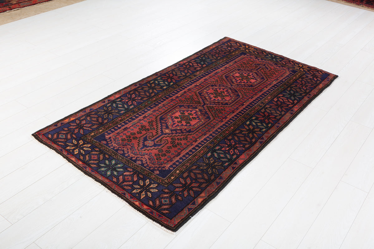 Vintage Rust Red and Navy Blue Triple Diamond Medallion Hand-Knotted Area Rug – 6' 7" x 3' 5" (200 x 103 cm)