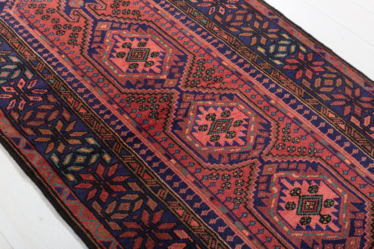 Vintage Rust Red and Navy Blue Triple Diamond Medallion Hand-Knotted Area Rug – 6' 7" x 3' 5" (200 x 103 cm)