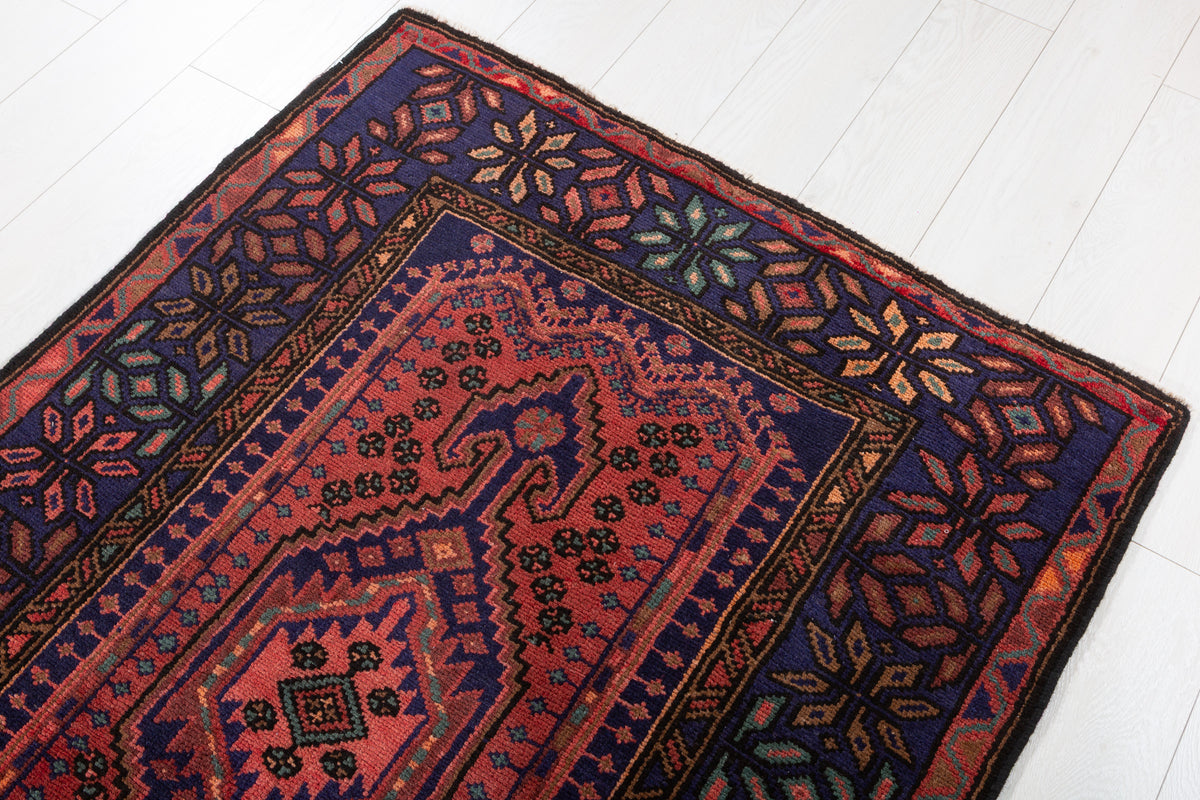 Vintage Rust Red and Navy Blue Triple Diamond Medallion Hand-Knotted Area Rug – 6' 7" x 3' 5" (200 x 103 cm)