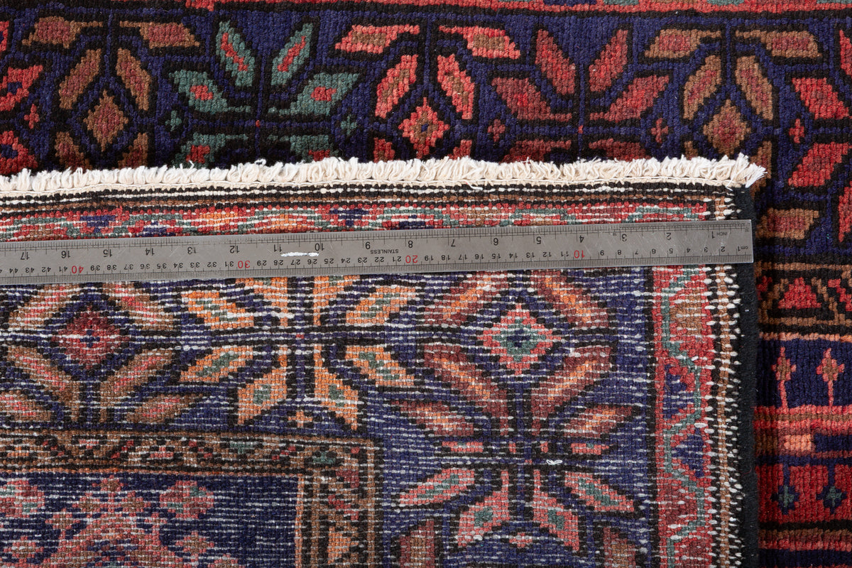 Vintage Rust Red and Navy Blue Triple Diamond Medallion Hand-Knotted Area Rug – 6' 7" x 3' 5" (200 x 103 cm)