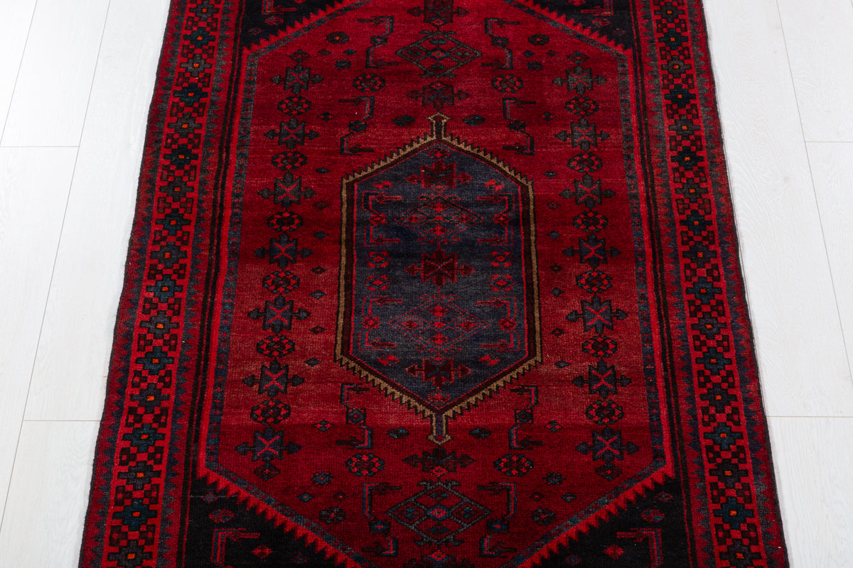 Vintage Red and Blue Diamond Medallion Hand-Knotted Area Rug – 6' 10" x 3' 5" (209 x 104 cm)