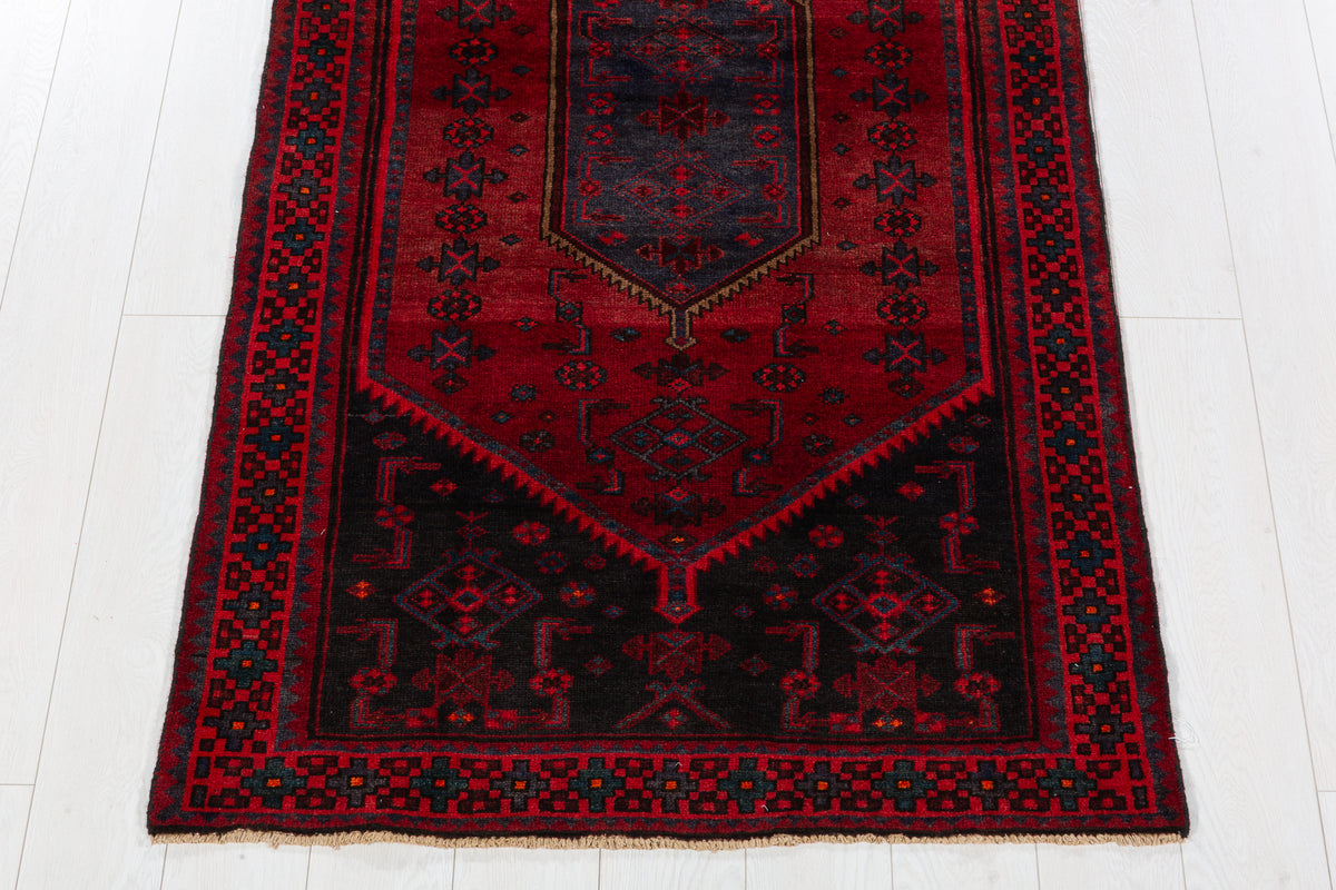 Vintage Red and Blue Diamond Medallion Hand-Knotted Area Rug – 6' 10" x 3' 5" (209 x 104 cm)
