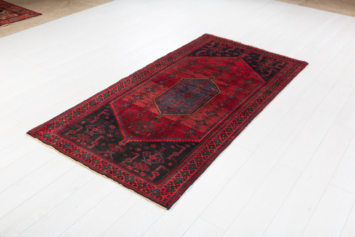 Vintage Red and Blue Diamond Medallion Hand-Knotted Area Rug – 6' 10" x 3' 5" (209 x 104 cm)