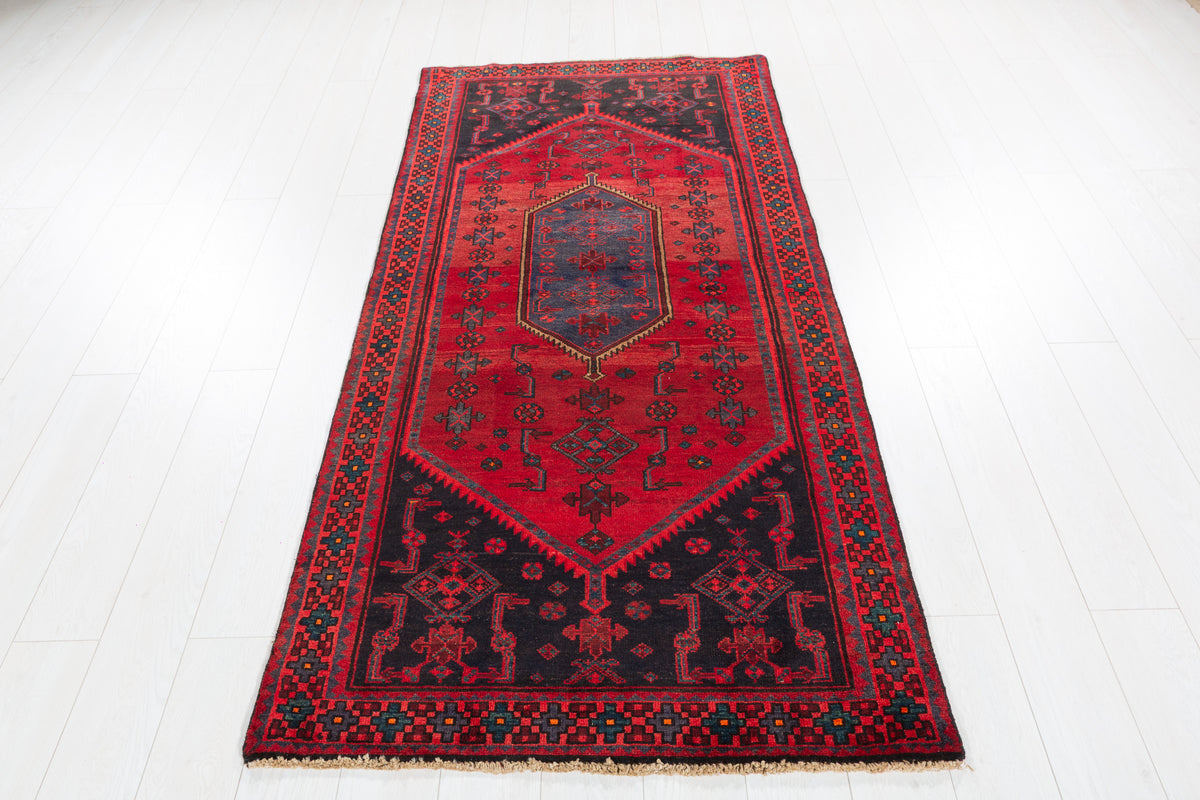 Vintage Red and Blue Diamond Medallion Hand-Knotted Area Rug – 6' 10" x 3' 5" (209 x 104 cm)
