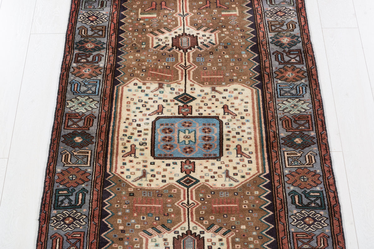 Vintage Brown and Blue Elongated Central Medallion Hand-Knotted Area Rug – 6' 3" x 3' 3" (191 x 98 cm)