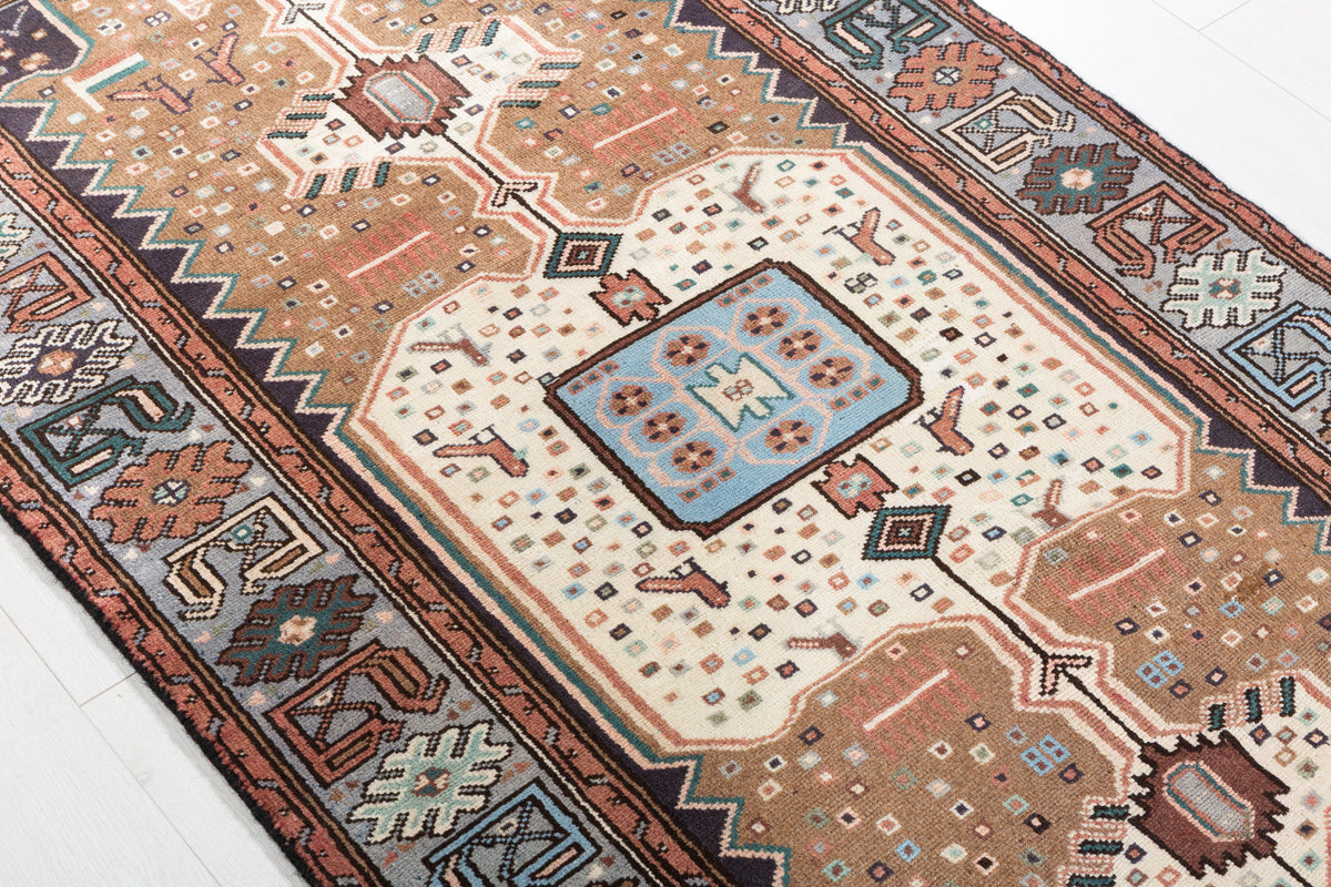 Vintage Brown and Blue Elongated Central Medallion Hand-Knotted Area Rug – 6' 3" x 3' 3" (191 x 98 cm)