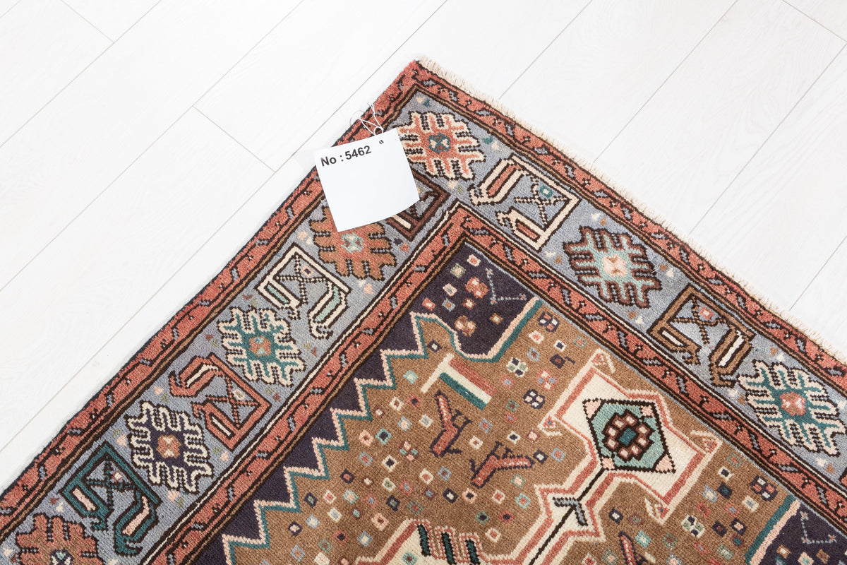 Vintage Brown and Blue Elongated Central Medallion Hand-Knotted Area Rug – 6' 3" x 3' 3" (191 x 98 cm)