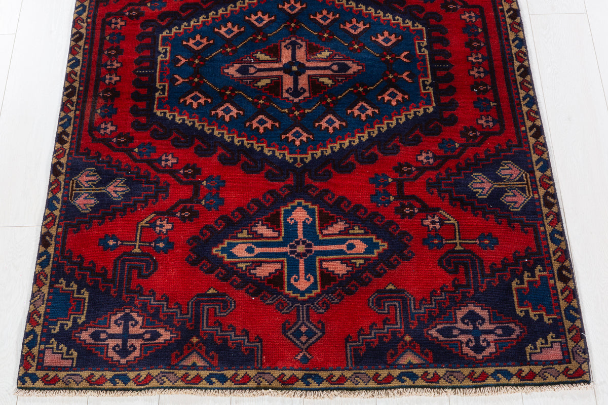 Collectible Vintage Red and Blue Oversized Diamond Medallion Hand-Knotted Area Rug – 5' 9" x 3' 9" (175 x 114 cm)