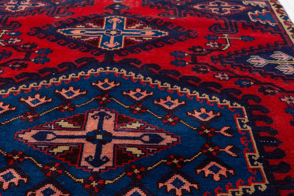 Collectible Vintage Red and Blue Oversized Diamond Medallion Hand-Knotted Area Rug – 5' 9" x 3' 9" (175 x 114 cm)