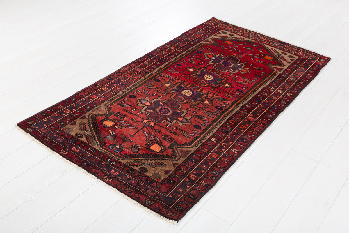 Vintage Red and Brown Allover Geometric and Geometric Field Hand-Knotted Area Rug – 6' 1" x 3' 3" (185 x 98 cm)