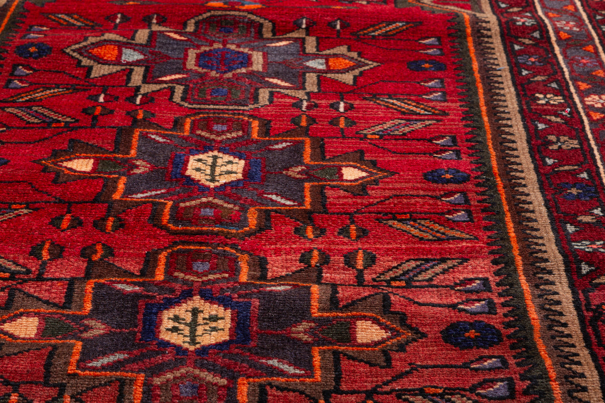 Vintage Red and Brown Allover Geometric and Geometric Field Hand-Knotted Area Rug – 6' 1" x 3' 3" (185 x 98 cm)