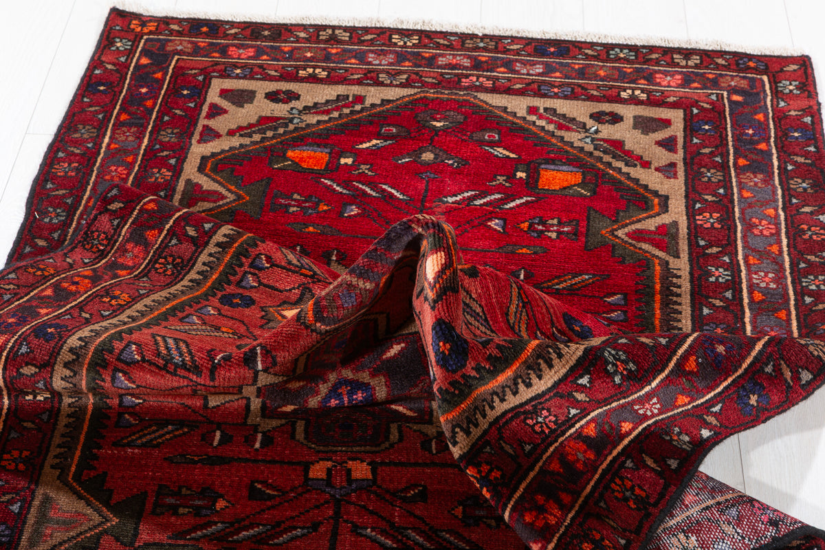 Vintage Red and Brown Allover Geometric and Geometric Field Hand-Knotted Area Rug – 6' 1" x 3' 3" (185 x 98 cm)