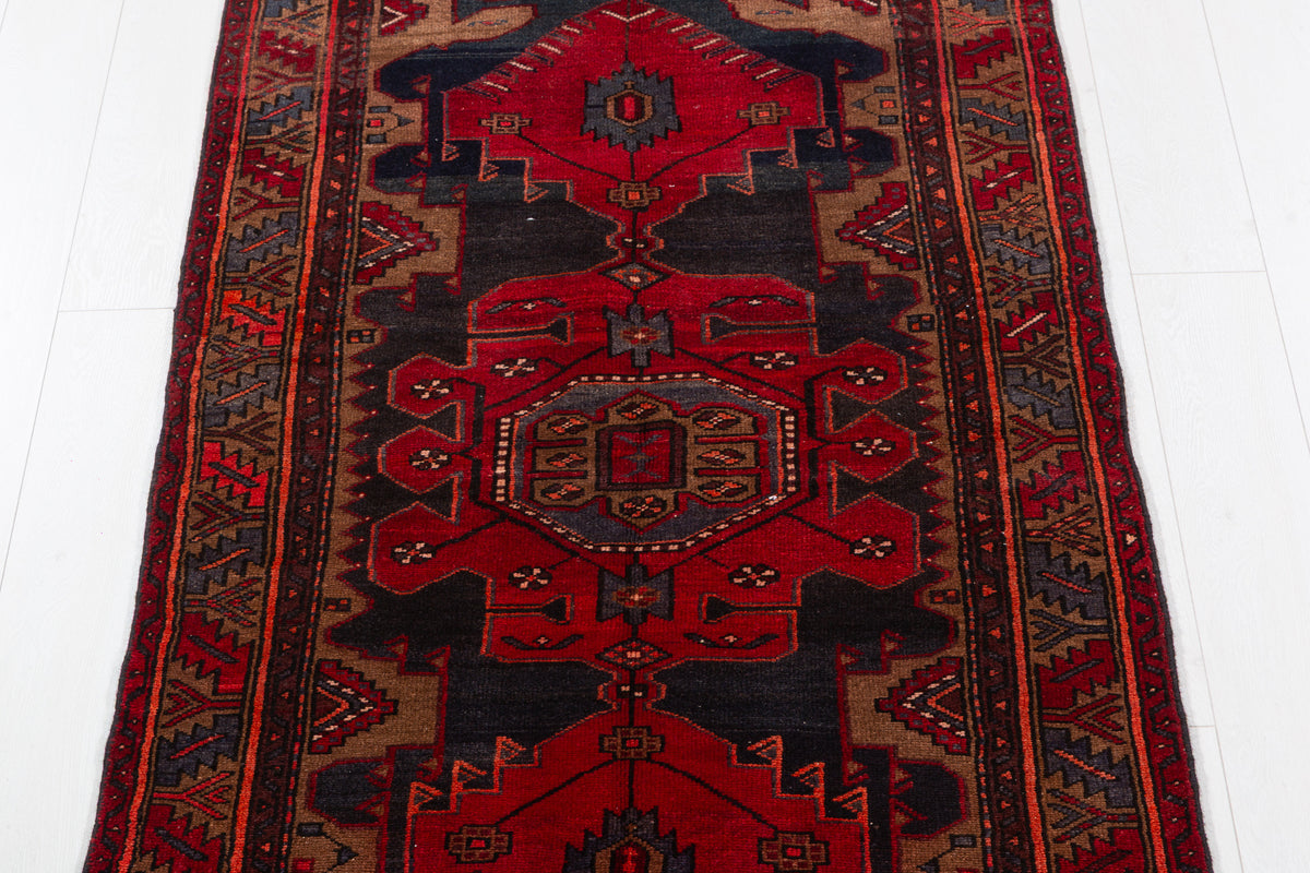 Vintage Red and Brown Bold Geometric Medallion Hand-Knotted Area Rug – 6' 9" x 3' 3" (207 x 100 cm)