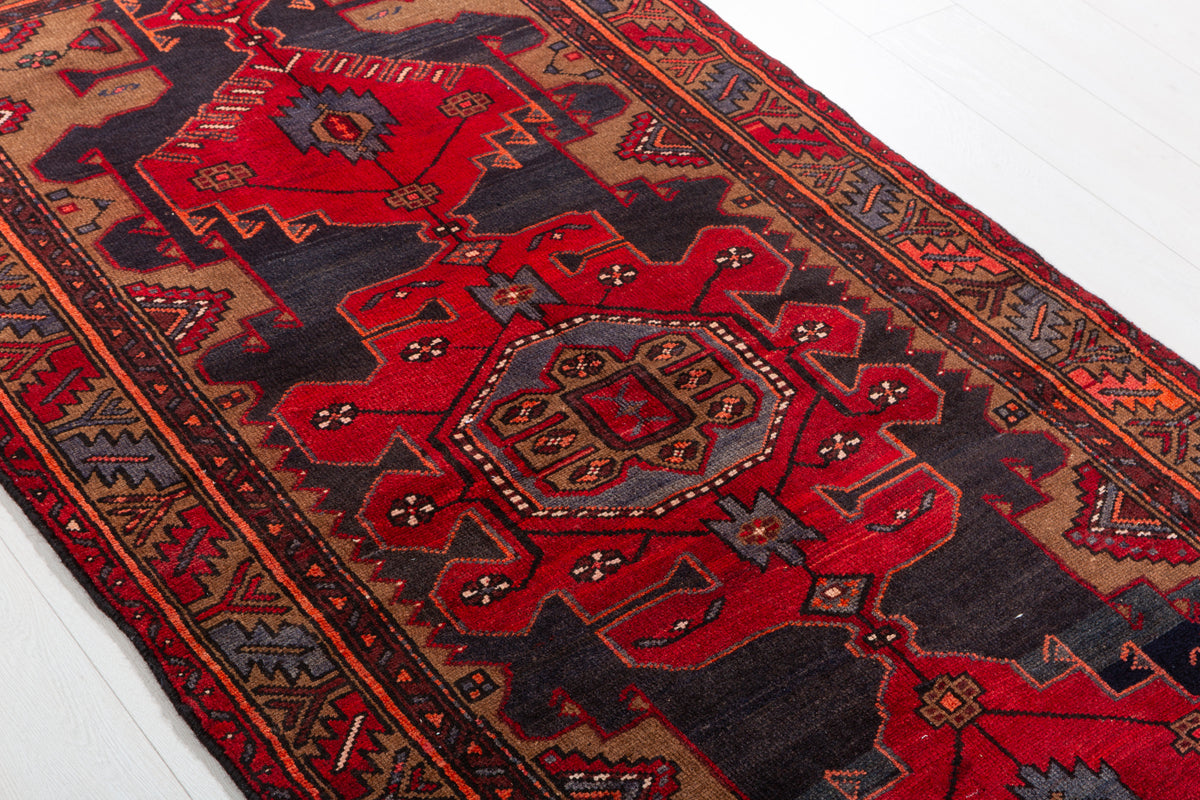 Vintage Red and Brown Bold Geometric Medallion Hand-Knotted Area Rug – 6' 9" x 3' 3" (207 x 100 cm)
