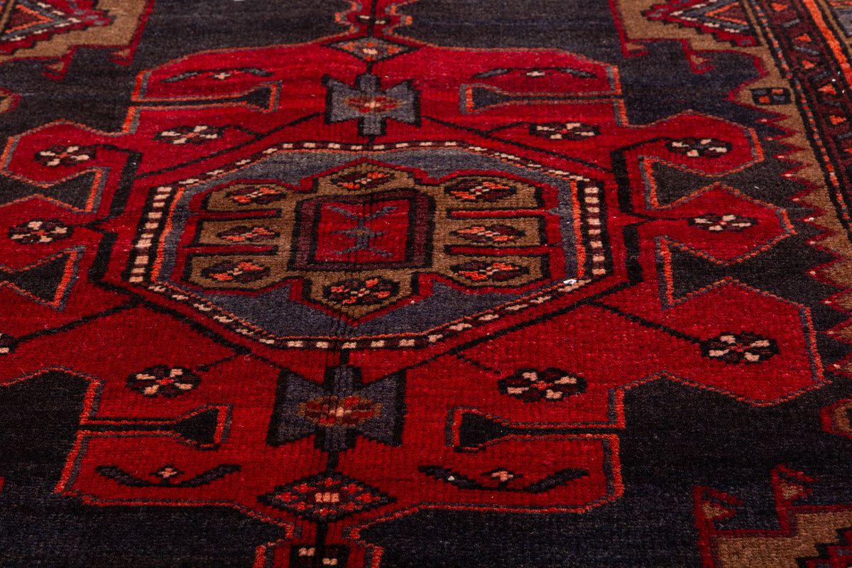 Vintage Red and Brown Bold Geometric Medallion Hand-Knotted Area Rug – 6' 9" x 3' 3" (207 x 100 cm)