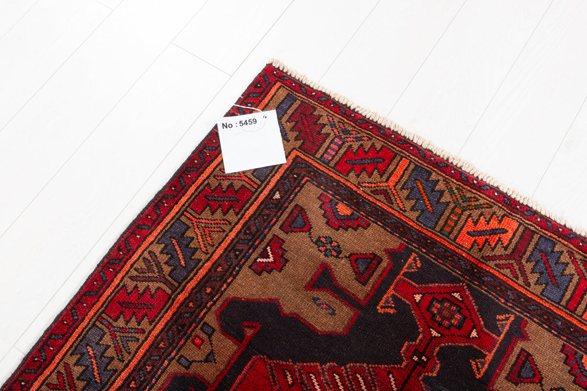 Vintage Red and Brown Bold Geometric Medallion Hand-Knotted Area Rug – 6' 9" x 3' 3" (207 x 100 cm)