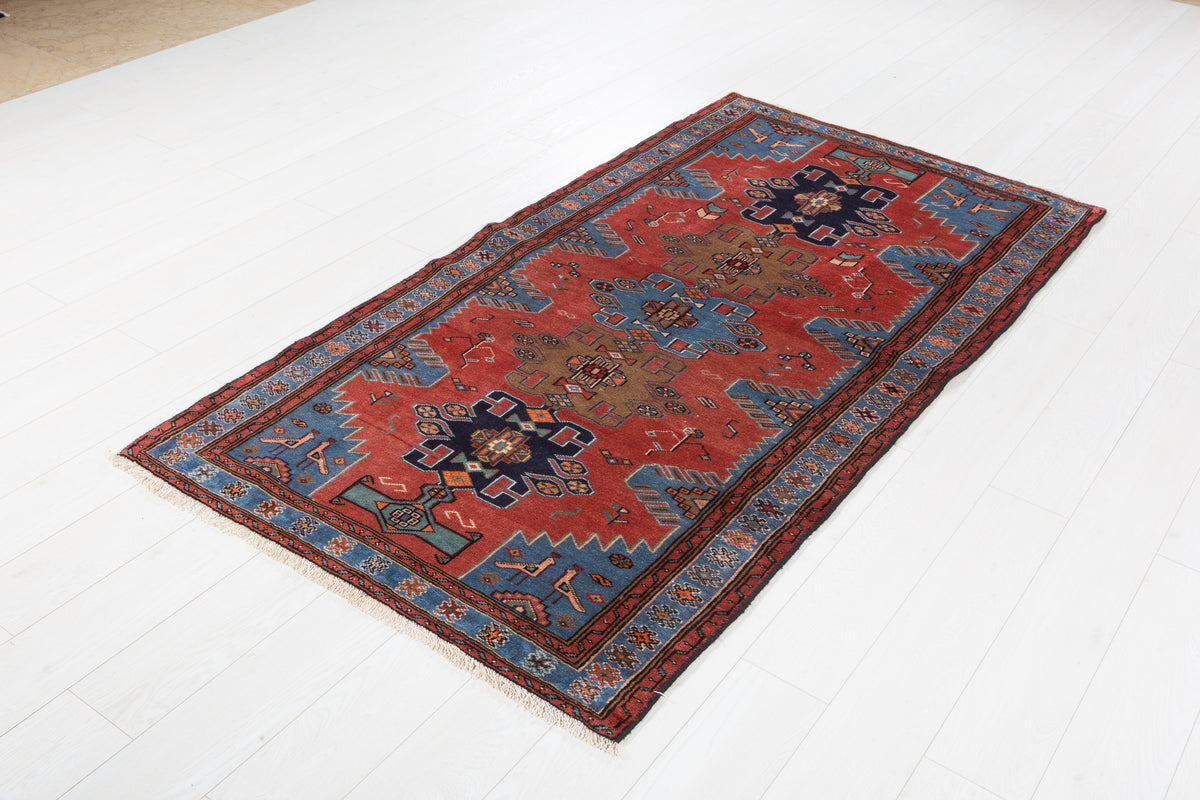 Vintage Red and Royal Blue Stepped Medallion Hand-Knotted Area Rug – 6' 9" x 3' 7" (205 x 110 cm)