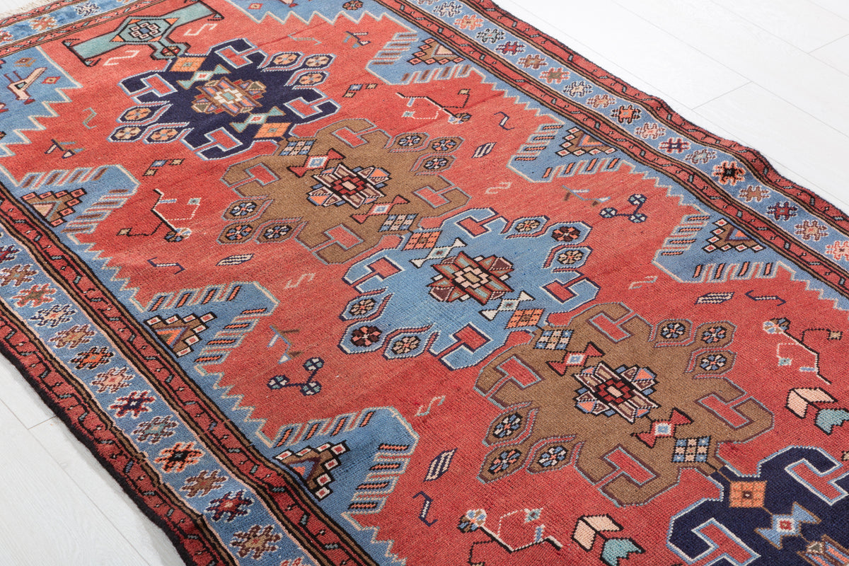 Vintage Red and Royal Blue Stepped Medallion Hand-Knotted Area Rug – 6' 9" x 3' 7" (205 x 110 cm)