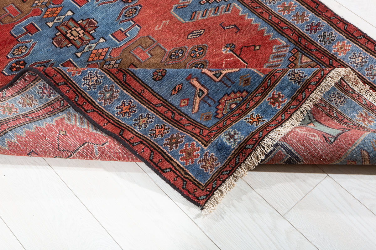 Vintage Red and Royal Blue Stepped Medallion Hand-Knotted Area Rug – 6' 9" x 3' 7" (205 x 110 cm)