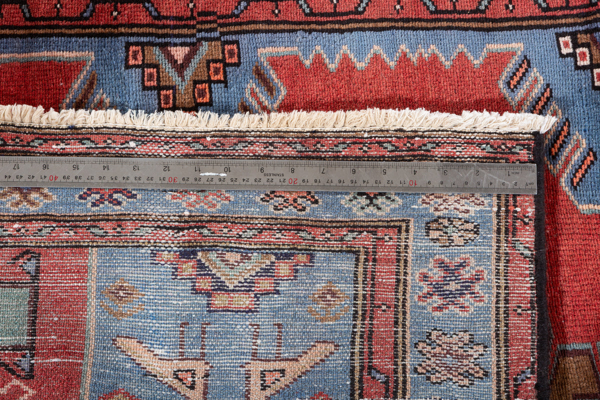 Vintage Red and Royal Blue Stepped Medallion Hand-Knotted Area Rug – 6' 9" x 3' 7" (205 x 110 cm)