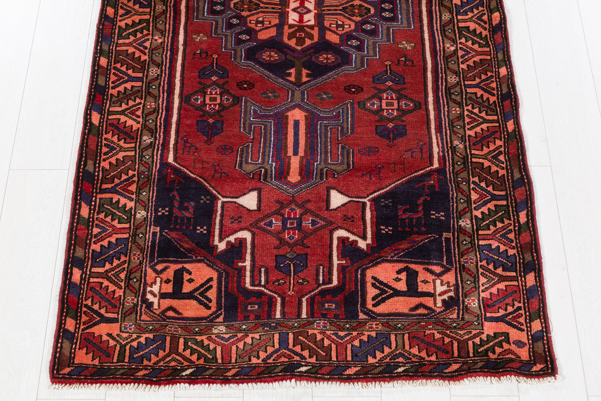 Vintage Rust Red and Navy Blue Bold Geometric Medallion Hand-Knotted Area Rug – 7' 3" x 3' 7" (221 x 109 cm)