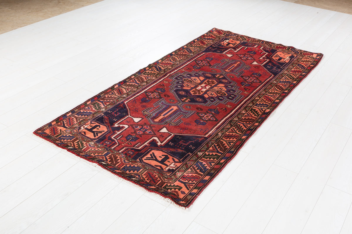 Vintage Rust Red and Navy Blue Bold Geometric Medallion Hand-Knotted Area Rug – 7' 3" x 3' 7" (221 x 109 cm)