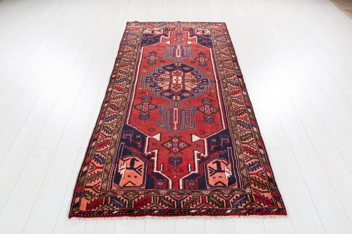 Vintage Rust Red and Navy Blue Bold Geometric Medallion Hand-Knotted Area Rug – 7' 3" x 3' 7" (221 x 109 cm)