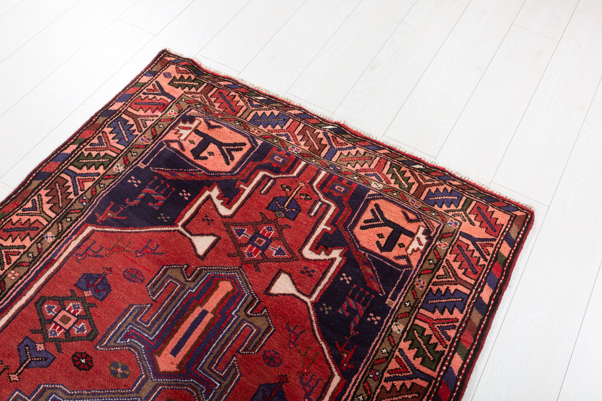 Vintage Rust Red and Navy Blue Bold Geometric Medallion Hand-Knotted Area Rug – 7' 3" x 3' 7" (221 x 109 cm)